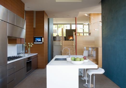 Interior elements deploy an abbreviated palette of materials in broad, simple forms. A sliding glass wall system allows the kitchen to become an indoor/outdoor room.