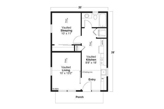 Modern tiny house plan, floor plan. See details at Houseplans.