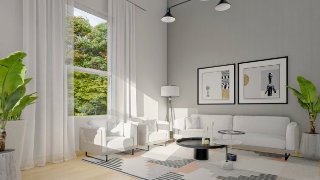 Modern tiny house plan, living room. See details at Houseplans.