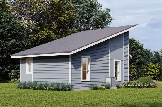 Modern tiny house plan, rear exterior. See details at Houseplans.