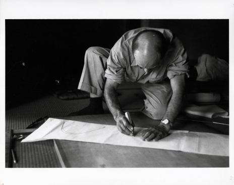 Noguchi working on Akari design, 1951