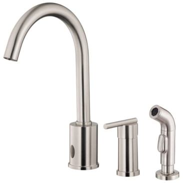 The Danze Parma kitchen faucet can be used as a manual unit or it will operate in hands-free mode. It features ceramic disc valves, a 15-inch-high spout, and comes with a matching brass spray. 
www.danze.com.