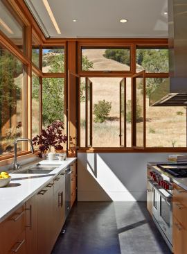 The cooktop, at right, faces the dining area, but it's concealed by a freestanding wall. The wall, faced in blue steel, is both hard-working and handsome and become sa sculptural element.