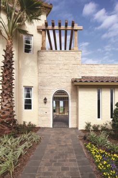 Eldorado Stone This manufactured Cut Coarse stone reflects saw-cut Turkish limestone, a contemporary linear style that installs with a dry-stack application. Each piece is cast from molds of natural stone and hand-painted by Eldorado artisans using mineral oxides for authentic color tones. The firm says its mold manufacturing facility is able to capture finite details and textures, ensuring depth and variation of colors.&nbsp;