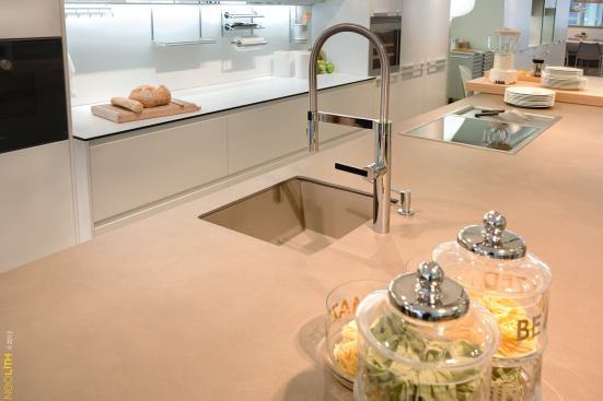 A term meaning “new stone,” Neolith combines raw materials with state-of-the-art technology to create a high-tech surfacing with unlimited applications. Selections are offered in 35 colors within six product lines, including designs inspired by natural stones, minerals, industrial materials, textiles, steel, wood, and marble. Composed of clay, feldspar, sand, and natural mineral oxides, the product is stain and heat resistant, easy to clean, and impervious to chemicals.