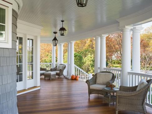 The hardy, tongue-and-groove porch flooring is made of ipe. The floor is slightly sloped (¼ inch per foot) so rainwater will drain off.