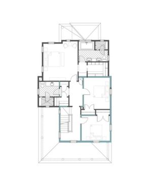 In the new second floor plan, the master bedroom is the most important room. The original second floor bathroom was eliminated to make way for a more substantial stairway, and so the stairway up to the third floor could be to code. The entire stair hall used to be dark; now it's filled with light.