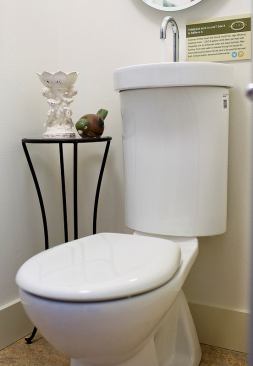 The dual-flush toilet/sink from Caroma saves water and space in the bathroom.