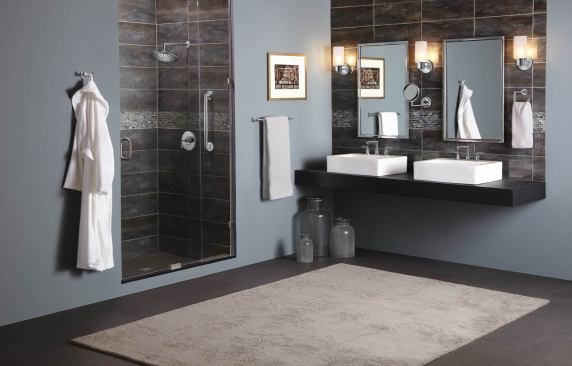 Arris Bath Suite. The new Arris bath collection by Moen includes matching grab bars. The simple design works in traditional or modern settings. Grab bars range in lengths from 12 to 36 inches and come in chrome or brushed nickel finishes. Moen. 
www.moen.com.