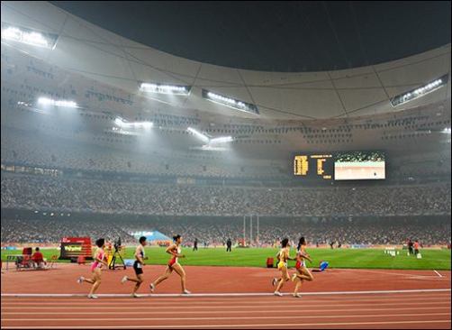 The Beijing National Olympic Stadium (Bird's Nest) during the 2008 Olympics.