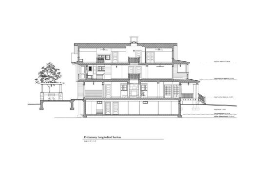 Longitudinal Section looks from east to west. An atrium runs though the center of house. Far left, on the second floor, is a small passage from master bedroom to the sleeping porch.