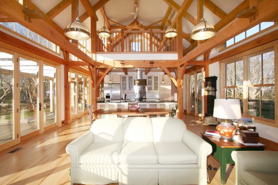 Clerestory windows in the great room draw the eye upward and help fill the space with light, even on cloudy New England days.