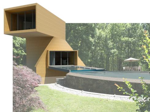 The pool house connects with the water while the apartment turns toward a more natural view."It twists back and forth like your body does when it swims," says Jameson. He incorporated space frame technology to create the torqued structure.