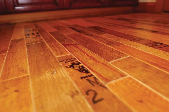 Wine and Dine Flooring in the Vintage Barrel collection is made with wood reclaimed from old wine barrels. The line includes Cooperage (shown), which features markings from barrel heads; Wine Infusion, with wood from the inside of the barrel and boasting the rich color of wine staining; and Stave, the outer wood material that sports the markings of the barrelsí hoops. Fontenay. 800.651.8225. 
www.fontenay.us.