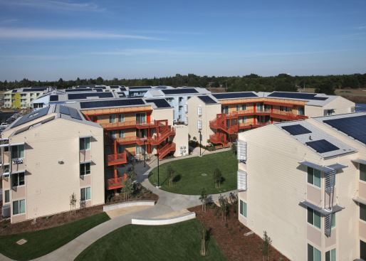 Grand, Community Stie Plan. Builder: CP Construction West. Architects: Studio E Architects, MVE Institutional, Lim Chang Rohling Associates, Solarc. With buildings oriented for peak solar control and a system of bioswales, the UC Davis West Village in Davis, Calif., is the largest planned Zero Net Energy community in the nation.