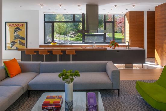 The kitchen centers on a large floating island.