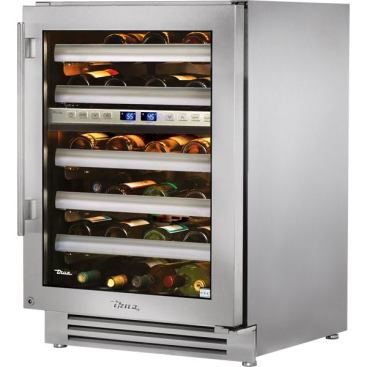 The company says this is the only dual-zone wine refrigerator on the market that is also approved for indoor and outdoor use. Able to fit 45 bottles, it features LED lights and a stainless steel interior and exterior. 
www.true-residential.com/.