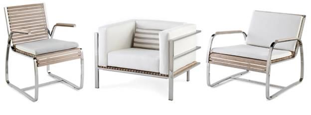 Left to right: Echo Dining Arm Chair, Echo Lounge Chair with pillow, and Echo Lounge Chair.