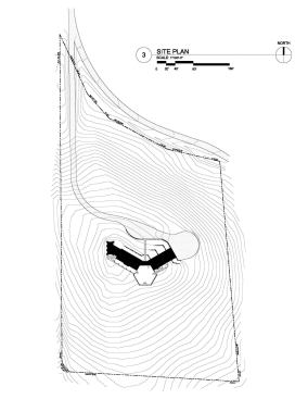 The site plan has a north-south orientation, with connecting pavilions angled out. One room deep, they take advantage of prevailing winds, making natural ventilation possible in summertime.