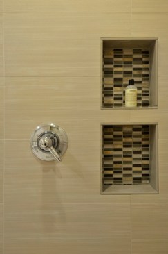 Niche shelves positioned at wheelchair meet the needs of household members who are physically challenged, as well as those who are not.  