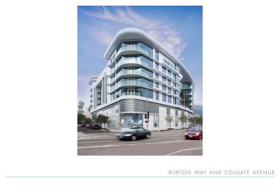 Grand, Multi-Family Housing Project - Over 60 du/acre (For Sale or Rent). Builder: Bernards. Architect: McLarand Vasquez Emsiek & Partners. Sandwiched between West Hollywood and Beverly Hills, 8500 Burton Way's modified flatiron shape fits snugly on its lot.