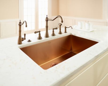Handcrafted in Italy, Rohl’s line of commercial-grade copper stainless sinks are designed to appeal to luxury home buyers. Unlike traditional stainless models, these sinks are constructed of high-grade stainless steel for extreme durability. The beautiful, long-lasting sinks are crafted with a rounded, easy-to-clean bottom edge radius and zero-edge side walls. Each one also features an insulating undercoat on the entire sink which reduces splash-back sound. www.rohlhome.com.