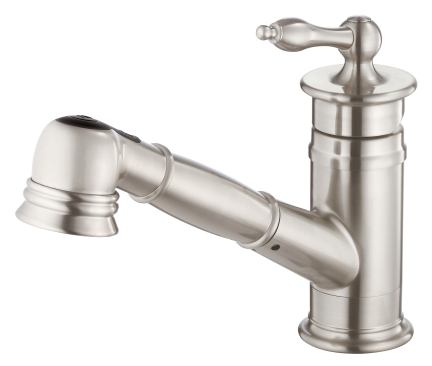 The Prince Collection now comes in styles for the kitchen including this pull-out unit. Measuring 7 inches high with an 8&frac12;-inch-long spout, the faucet features a quiet running hose with spring retraction and ceramic disc valves. It’s available in chrome and stainless steel. 
www.danze.com.