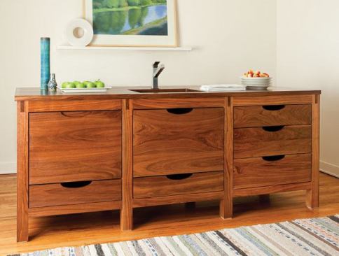 The Scandinavian inspired but American-made Bornholm Kitchen is a new line of solid wood and wood veneer cabinets, islands, and vanities. Each order is custom designed and built from walnut and rift oak and given a VOC-free finish. 
www.bornholmkitchen.com.
