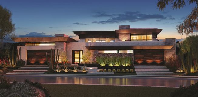 Grand, Custom Home 4,000 to 8,000 square feet. Builder: Blue Heron Construction. Architect: Blue Heron Architecture. The New American Home 2013 in Henderson, Nev., features indoor-outdoor spaces and twin pools in its blend of traditional elements of desert beauty and cutting-edge, tranquil touches.