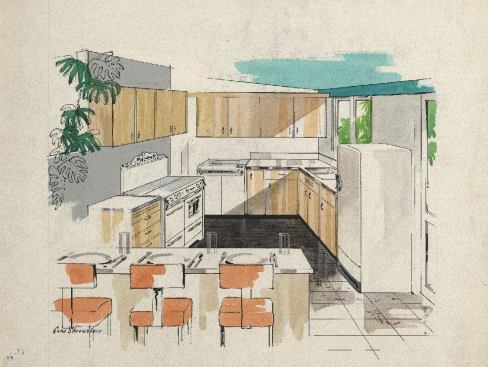 Cliff May, Kitchen, 1954  Drawing by Gene Shrewsbury from Los Angeles Times, Home magazine, June 6, 1954