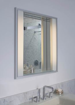 Reception Mirror. The Reception bathroom mirror from Robern features an easy-to-reach open shelf and vertical diffused lighting for less glare and shadows. Robern. 
www.robern.com.