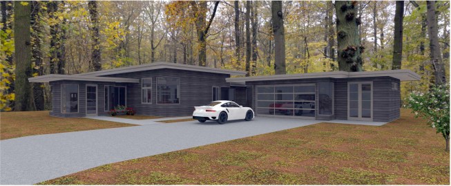 front exterior view with wood siding & flat roofs
