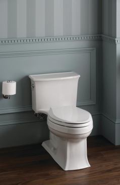 Living Single The company's first one-piece, single-flush high-efficiency toilet, the Archer uses 1.28 gpf and includes Class 5 flushing technology, which features a 3 1/4-inch flush valve and an efficient, direct-fed jet to maximize water flow. The transitional design boasts beveled edges and a curved base. Kohler. 800.456.4537. 
www.kohler.com.