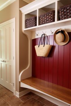 When square footage is in short supply, a bench stacked with hooks and a few baskets offers buyers a lot of utility in a small space. Project: Traverse House, South Haven, Mich.; Architect: Visbeen Architects, Grand Rapids, Mich.; Builder: David C. Bos Homes, Spring Lake, Mich.