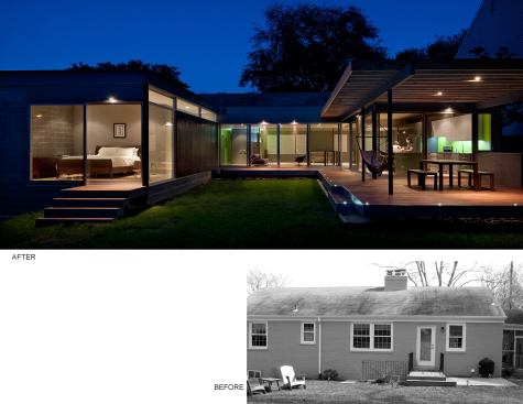The rear elevation before and after renovations and an addition.