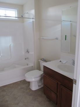 A finished bathroom that’s between two bedrooms in one of 42 modules that will comprise IBS’s first passive dormitory, which it’s building for Emory & Henry College in Virginia.