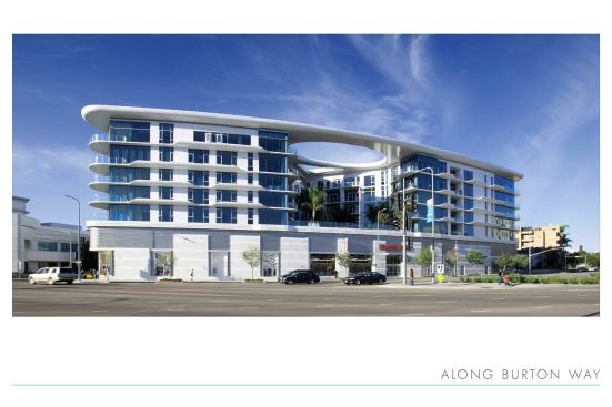 Grand, Mixed Use Project. Builder: Bernards. Architect: McLarand Vasquez Emsiek & Partners. With a streamlined design reminiscent of 1950s architecture, 8500 Burton Way has a Trader Joe's located beneath the residences.