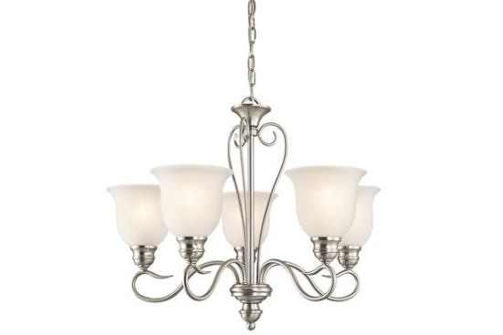 Traditional Shine  Offering traditionally styled designs, the Tanglewood Collection features a wide selection of products that includes pendants, chandeliers, and wall sconces. Pieces showcase satin-etched glass shades and come in two new finishes: brushed nickel and olde bronze. 
Kichler. www.kichler.com. 
—N.M.