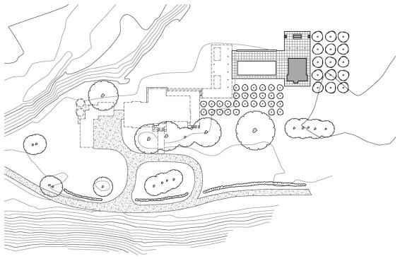 The project's site plan. Future plans call for a main house, plus two storage sheds and a shade structure linking the house and pool area.