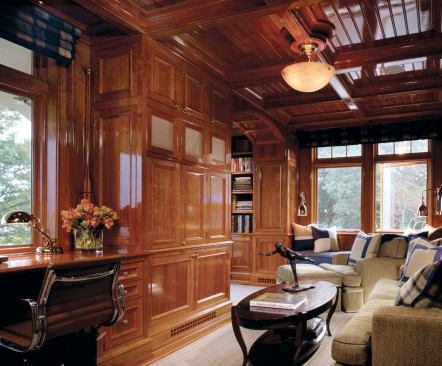 Custom Home, September-October 2007  On Site  Duo Dickinson, Architect, Madison, Conn.   Varnished cherry gleams in the library of this waterfront custom home in Riverside, Conn., with interior design by Raymond Forehand Associates.