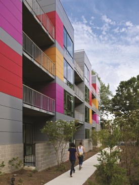 The bright exterior panels are a signature of the building.