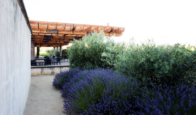 Photo by Dan Quinones, A large redwood pergola outside the winery’s main tasting room provides a cool outdoor space for patrons.