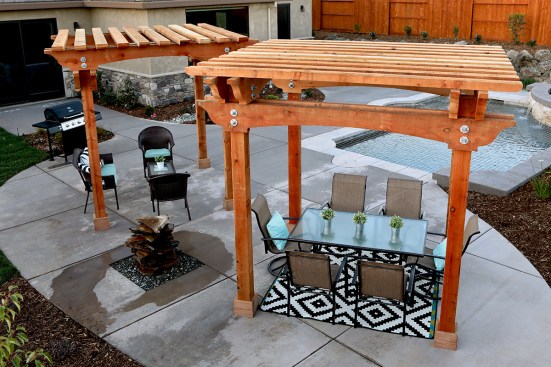 The first home built in the new Salt Creek Heights development in Redding, California includes two, Humboldt Redwood Durango style pergolas overlooking a custom pool.