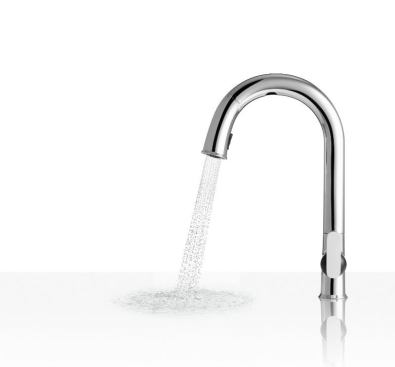 Kohler  The touchless Sensate kitchen faucet from Kohler uses sophisticated design and technology to generate hands-free operation. By placing the sensors within the arch, only deliberate movements of the hands or any object will start or stop the water flow. 
www.kohler.com