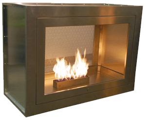 This custom, see-through fireplace features a vent-free design and 1 inch of insulation on the top, sides, and back of the box. It also burns an alcohol fuel cartridge that does not require a gas line or a chimney. It comes in a painted metal, stainless steel, or brass finish. 
www.hearthcabinet.com.
