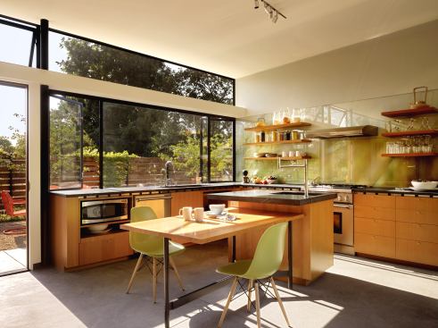 Hydeaway House was a 2014 Watermark Awards winner. The kitchen downplays many utilitarian functions by camouflaging appliances, integrating them into space, and, in turn integrating the kitchen into the rest of the house. 
Project:
Hydeaway House, Sonoma, Calif. 
Architect: Schwartz and Architecture, San Francisco; 
Builder: Eames Construction, Petaluma, Calif.