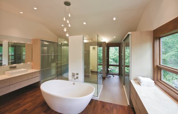 Even the master bath makes the most of this home’s wooded site by offering windows at every vantage point. The space was also appointed with plenty of glassy surfaces that reflect the foliage and bring the natural scenery inside. Project: Lyons Residence, Gladwyne, Pa. Builder: SJ Design Build, Wynnewood, Pa.