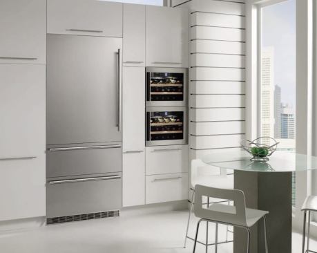 This 30-inch, built-in refrigerator features two freezer draws, separately adjustable cooling units, GlassLine shelves, and stainless steel trim. It can be used on its own or as part of a side-by-side configuration. 
www.liebherr.us.
