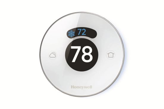 Honeywell The first in Honeywell’s network of smart home devices under the Lyric moniker, 
this thermostat uses your smartphone’s location to automatically switch to the energy-saving mode when your home is empty. Other features include a proximity light that glows upon approach, a 12-hour weather forecast, and optional text notifications when someone in your family hits the proximity threshold or arrives home.