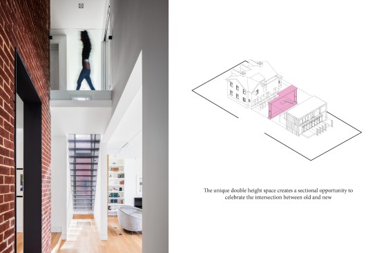 During design development, a sectional opportunity presented itself that would avoid a head-on collision between old and new: a slender, double-height transitional space.